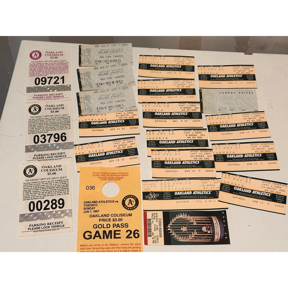 1997 Oakland A's Athletics MLB Ticket Stub Lot w/ Parking Pass